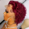 Perruques synthétiques Pixie Cut perruque courte Bob bouclés perruques de cheveux humains 13X1 dentelle transparente 99J bordeaux eau vague profonde dentelle avant perruque pour les femmes 231121