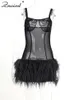 Повседневные платья Znaiml Sexy Spaghetti Brap Black Black Mesh See Whip Fur Mini для женщин Летнее мод