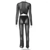 Women's Two Piece Pants Sexy See Through Metal Chain Hollow Out Sheer Mesh Set Women Long Sleeve Crop Tops High Waist Streetwear Suits