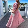Lässige Kleider Ärmellos Hohl O-Ausschnitt Maxi Sommerkleid Sommer Einfarbig Hohe Taille Partykleid Sexy Rosa Rückenfrei Plissee Strand Vestidos
