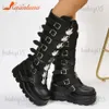 Boots Women Motorcycles Boots 2023 Hot Fashion Punk Gothic Style Knee High Boots Wedge Heels Buckle Mid Boots Comfy Walking Boots T231121