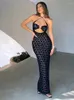 Casual Dresses Bangniweigou Flower Mesh Maxi Dress Women Hollow Out Halter Robe Black Lace Sexy Sheath Club Outfit