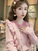 Women's Knits Korean Flounce Knit Cardigan Women Round Neck Patchwork Temperament Sweet Fashion Lazy Celebrity Sweater Winter Top