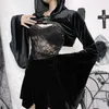 Women's T Shirts Gothic Black Flare Sleeve Corset Crop Tops Women Aesthetic Sexy Velvet Lace Mesh T-Shirts Y2K Harajuku Hooded Vintage