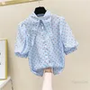Kadın bluzları Polka Dots Bebek Yaka Şifon Bluz Kadın Kısa Kollu Gömlek Kadın 2023 Sprng Yaz Giyim Şişirmiş Kollu Bayanlar