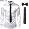 Casual shirts voor heren Black S Silk Dress 3pcsshirt Tiebowtie Smooth Satin Shirt Slim Fit Party Prom Social Camisa 230420