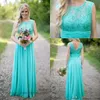 Vintage Country Style turkosa brudtärna promklänningar Crew Neck Sequined Lace Chiffon Long Beach Maid of Honor Party Dresses