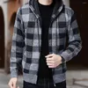 Suéteres masculinos Zipper Fechamento Homens Jaqueta de malha elegante xadrez impressão com capuz casaco casual quente com para queda