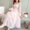 Casual Dresses Fall 2023 Brand Women Bohemian Dress V-Neck Puff Sleeve Mesh Long Fairy Lace Elegant Vestidos K380