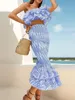 Australian Two Piece Dress trendy ruffled heavy embroidered one shoulder short top with a slim high waisted fishtail skirt set