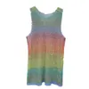 Camiseta feminina homens homens homens cristal de néon strass colorido shinstones brilhantes y2k rainbowtank tops party club See mesh hollow out 65cm de comprimento 230420