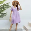 Abiti taglie forti Abito midi Donna 2023 Estate Scollo a V Manica corta Stampa floreale Abiti viola Vita elastica Spiaggia Casual femminile