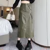スカートアメリカンレトロPUレザースカートの女性フォールハイウエストビッグポケットカーゴフェムル韓国ファッションスリットドローイングロングファルダ