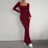 Damochic Long Dresses Women Maxi Casual Ladies Sexy Party Club Night Dress Long Sleeve Fall Full Length Scoop Dupe Skims Dress