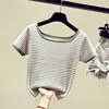 Kadın Tişörtleri 2023 Yaz Buz İpek Örme Çizgiler Kısa Kollu T-Shirt Elbise Bir kelime omuz yakalı bluz paragraf