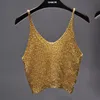 CAMISOLELE TOBLES Summer Sleepeveless V Szyja Bling Knitted Camis Women Sexy Metallic Gold Crop Tops Kobiety błyszczące srebrne topy 230503