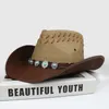 Basker retro oregelbunden turkos kvinnor män pu läder rullar upp bred grim sombrero sol cap strand cowboy cowgirl western hatt just