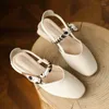 Fashion Retro Sandals Metal Metal Casual Women Spring Summer S Mujer S Mid Tel Square Head Pearl Mary Jane Single Zapato Zapato