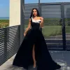 Arabia Black Satin A Line Long Evening Dresses Off The Shoulder Ruched Prom Party Gowns Slit Side Formal Evening Dress with Train Custom Made