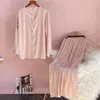 Zestaw piżamowy FDFKLAK FDFKLAK Zestaw kobiet plamy wiosenna jesień jedwabny lód 2 sztuki różowe/białe stałe kolorowe odzież domowa