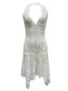 Casual Dresses Women S Elegant Lace Halter Neck Maxi Dress With Sheer Overlay And Deep V-Neckline For Partywear