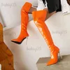 Stövlar Ochanmeb Bright Orange Patent Leather Overkne Boots Sexiga stiletto Pointy Toe dragkedja Neon Grön lår Boot High Heel Shoes Woman T231121
