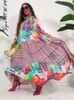 Kvinnor färgglada tryckt maxi klänning avslappnad v hals lång ärm hög midja stor hem vestidos sommar mode lös strand mantel