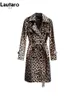 Women Blends Lautaro Spring Autumn Long Stylish Leopard Print Trench Coat for Women Belt Double Breasted Casual Luxury Designer Clothes 2023 231120
