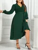 Plus storlek klänningar grön en linjeklänning för kvinnor v hals långa lykta ärmar snörning Empire 2023 Elegant kausal enkla klänningar kläder
