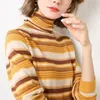 Women's Sweaters Sweater Women Brown Turtle Neck Full Sleeve Striped Knitted Pullover Femal Basic Crop Top