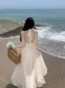 Casual Dresses Summer Sleeveless Halter Long White Maxi Dress Elegant Tight Midje V-ringstrandrockar du Soir Evening Wedding Prom