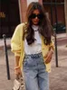 Suéteres de mujer Punto amarillo elegante suave mujer cardigan solo pecho con cuello en v linterna manga suéter jumper otoño chic casual dama