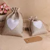 Jewelry Pouches 10Pcs/lot Heart Pattern Flax Jute Bags 8x10 10x14 13x18cm Birthday Christmas Party Wedding Burlap Linen Drawstring Gift Bag