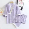 Women's Sleepwear Japanese Kimono Pajamas Women 100% Cotton Gauze Pajama Set V-Neck Three Quarter Solid Sleepwear Plus Size Two Piece Set Summer 230421