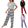 Mulheres de duas peças calças mulheres 2 outfits solto lazer camisola laço calça nightwear cintura elástica xadrez sleepwear conjunto homewear