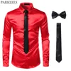 Casual shirts voor heren Black S Silk Dress 3pcsshirt Tiebowtie Smooth Satin Shirt Slim Fit Party Prom Social Camisa 230420