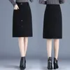 Gonne Donna Autunno Inverno Abbigliamento da lavoro Monopetto Midi con cintura Ufficio coreano Solido a vita alta A-Line di lana P108