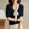 여자 블라우스 아이스 실크 유명인 v- 넥 니트 셔츠 나비 넥타이 아트 스타일의 짧은 슬리브 티셔츠 탑 여성
