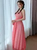 Casual Dresses 2023 Summer Women Maxi Dress Sweet Beach Boho Mesh Red Dot V-neck Strap Slip Pleated Swing Robes Holiday Vestido