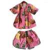 Pyjama en soie pour femmes, ensemble 2 pièces, décontracté, en Satin, avec poche poitrine, ananas rose, Short à manches courtes, vêtements de maison