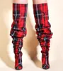 Dress Shoes Limited Edition Folds Women Pleated Boots In Sexy Winter Over The Knee High Heels Plaid Red Yellow