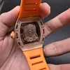 Ultima versione Boutique Watch Skull Tower Quadrante Cassa a forma di barilotto Orologio da uomo alla moda personalizzato Cinturino in caucciù arancione Orologio meccanico automatico sportivo