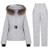 Женские брюки из двух предметов, зимний комплект брюк с воротником из искусственного меха, однотонное пальто на молнии, модная утолщенная теплая куртка из шифона 231120