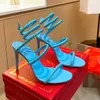 Rene Caovilla Sandals Kadın Yeni Yüksek Topuklu Rhinestone İpek Ayak Parmağı Seksi İnce Strap Yılan Sarılı Elbise Ayakkabı 9.5cm Tasarımcı Moda Yaz Düğün Partisi