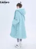 Dames Bont Nepbont Lautaro Winter Lang Oversized Casual Dik Warm Blauw Dik Warm Fuzzy Fluffy Imitatiebontjas Dames met Kap Rits Mode 2023L231121