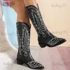 Boots helt nya 2023 Western Cowboy Mid Calf Boots Autumn Chunky Hees Slip On Cowgirl Long Boots Ladies broder Retro Shoes Woman T231121