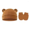 Accessoires pour cheveux 2 pièces/lot | Bonnet en coton pour bébé né, ensemble de chapeaux et gants, ours mignon, automne décontracté, extensible, casquette chaude pour bébé, à la mode