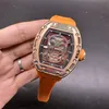 Ultima versione Boutique Watch Skull Tower Quadrante Cassa a forma di barilotto Orologio da uomo alla moda personalizzato Cinturino in caucciù arancione Orologio meccanico automatico sportivo