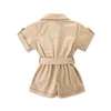 Rompers Kids Baby Meisjes Korte Mouw Romper Solid Color Jumpsuit Werk kleding met zakken 230421