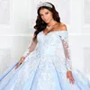 Céu azul brilhante quinceanera vestido fora do ombro princesa vestido de baile tule apliques rendas contas doce 16 vestido vestidos de 15 anos